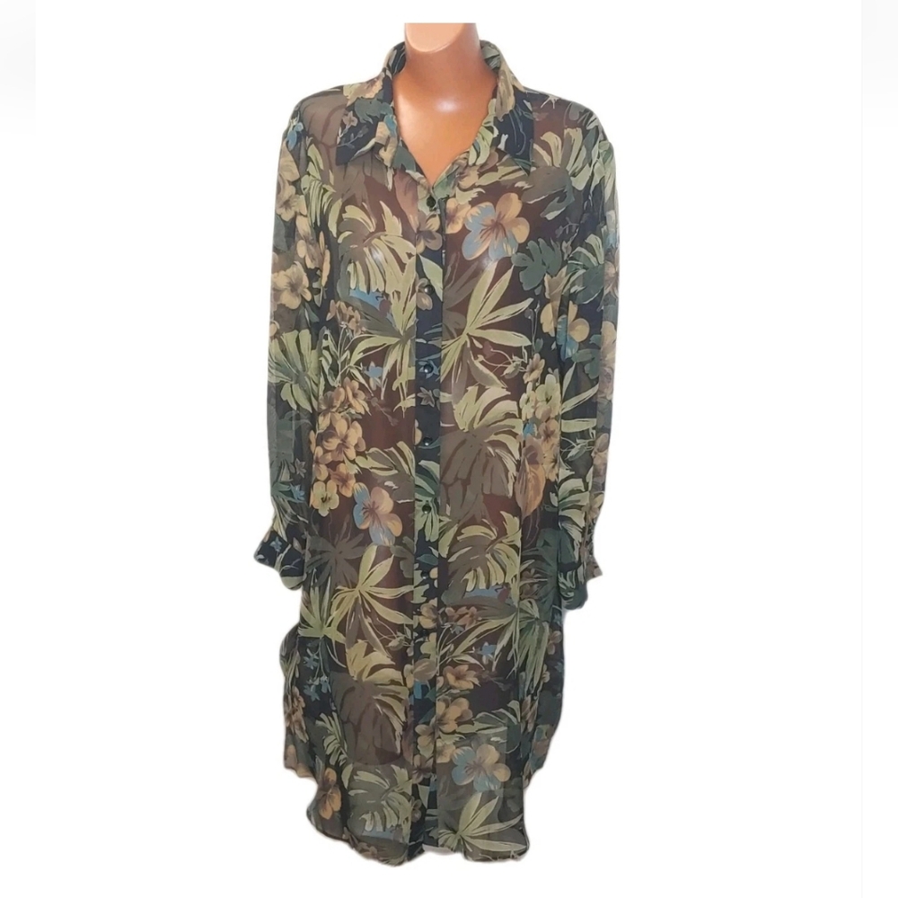 Y2k Virgo Sheer Shirt Dress Sz 16 Black Floral Button Long Coverup Tunic Duster